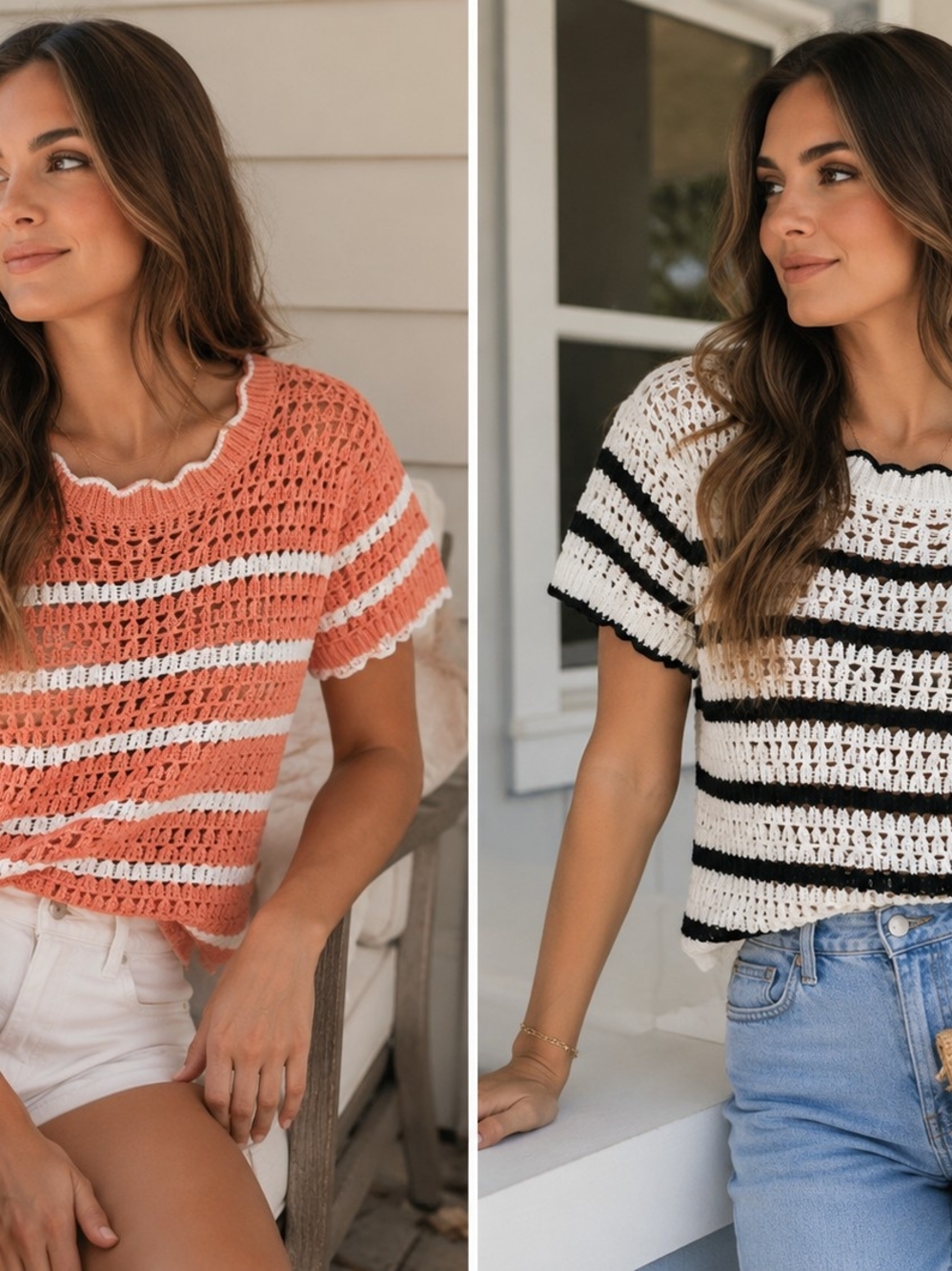 GAP Cotton Summer Sweater Bundle | 2 Open Knit Short Sleeve| Coral & Black|Med